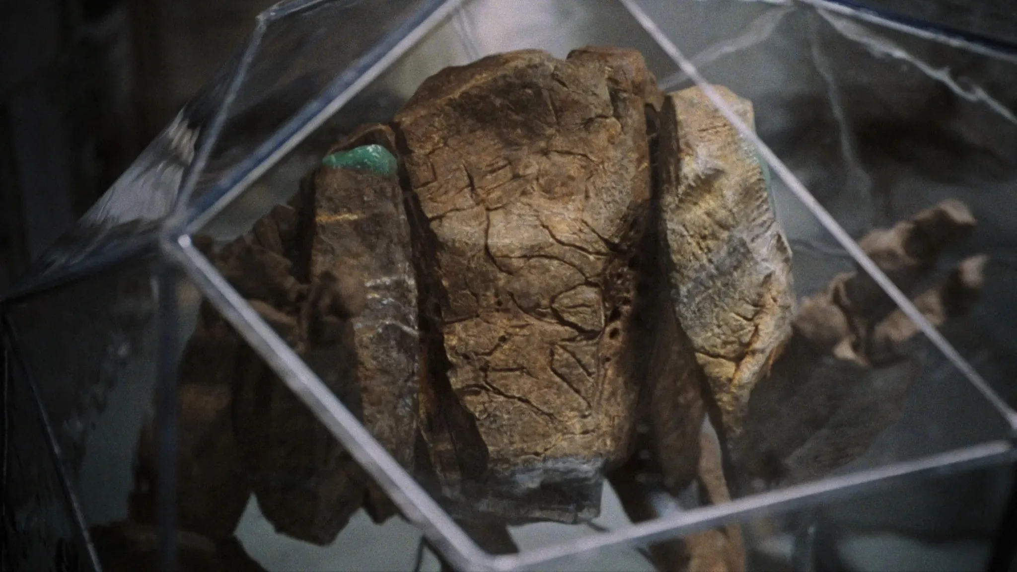A jagged, rock like creature with mysterious engravings displayed in a geometric, transparent glass case, suggesting alien intelligence and sci-fi themes.