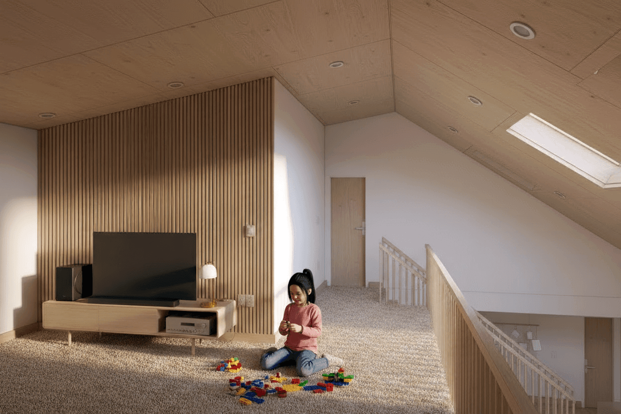 loft-space-vaulted-ceiling-remodeling-melrose-ma-mezzanine-wooden-plywood-ceiling