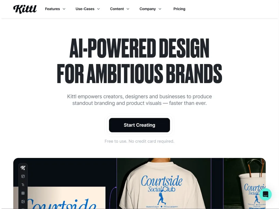 Kittl website hero section withy a bold headline, button, and a screenshot of the product