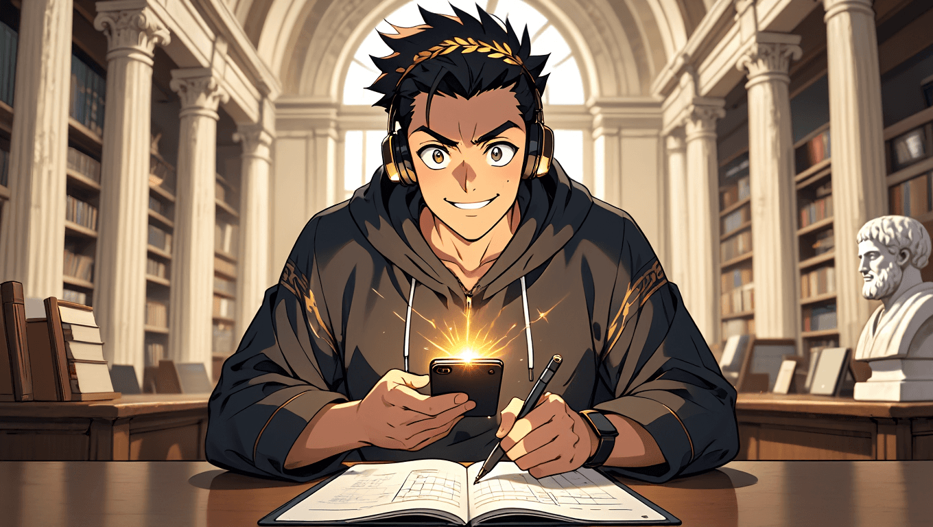 Smiling student confidently taking notes in a bright, modern library