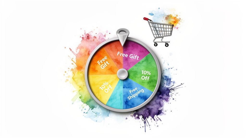 A colorful spin-the-wheel game with 'Free Gift', '10% Off', 'Free Shipping' offers next to a shopping cart.