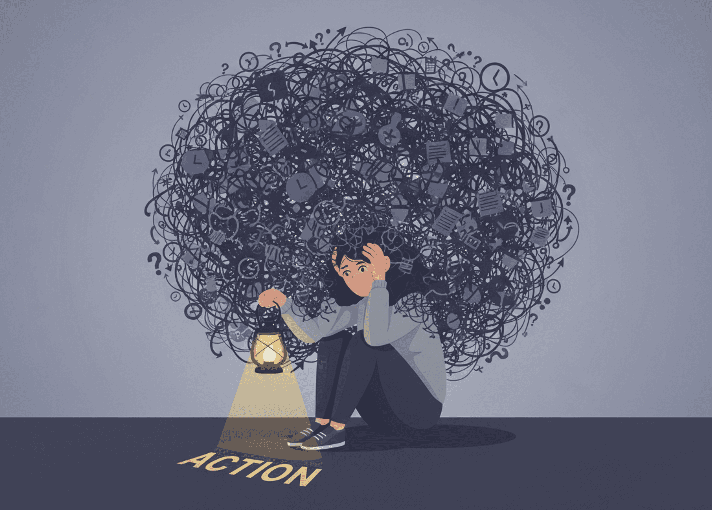 An editorial illustration of a woman huddled under a giant, chaotic scribble of thoughts and papers, using a small lantern to light up the word "ACTION" on the ground.