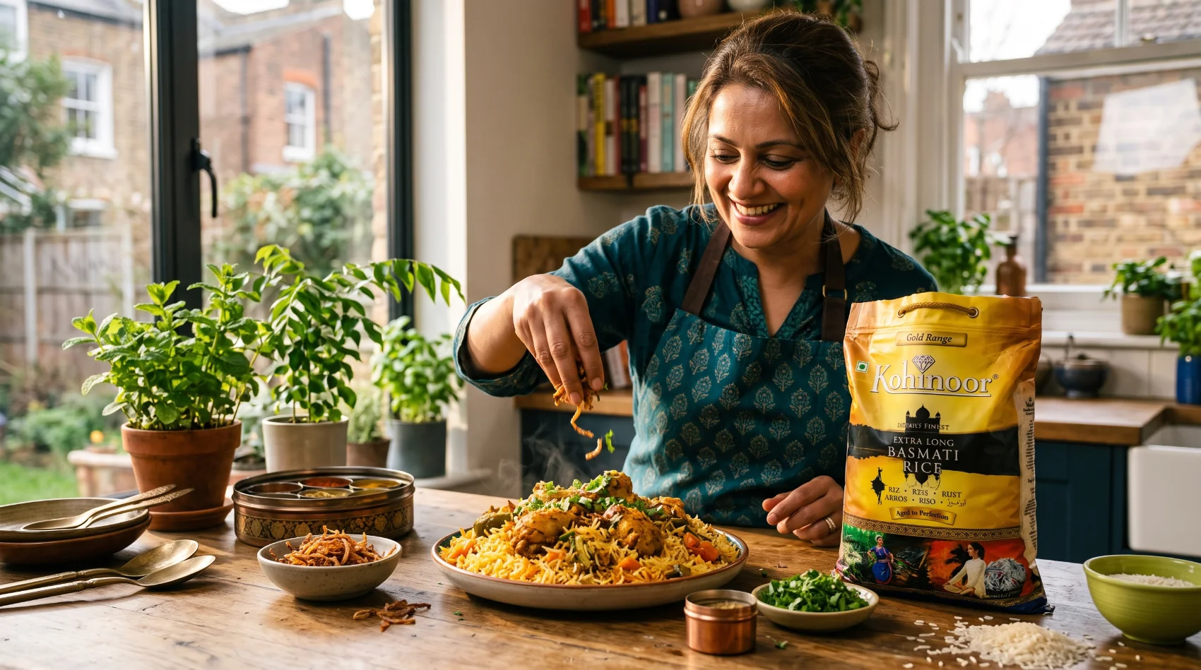 Smiling South Asian woman garnishing chicken biryani with fried onions beside Kohinoor Gold Range Extra Long Basmati Rice bag