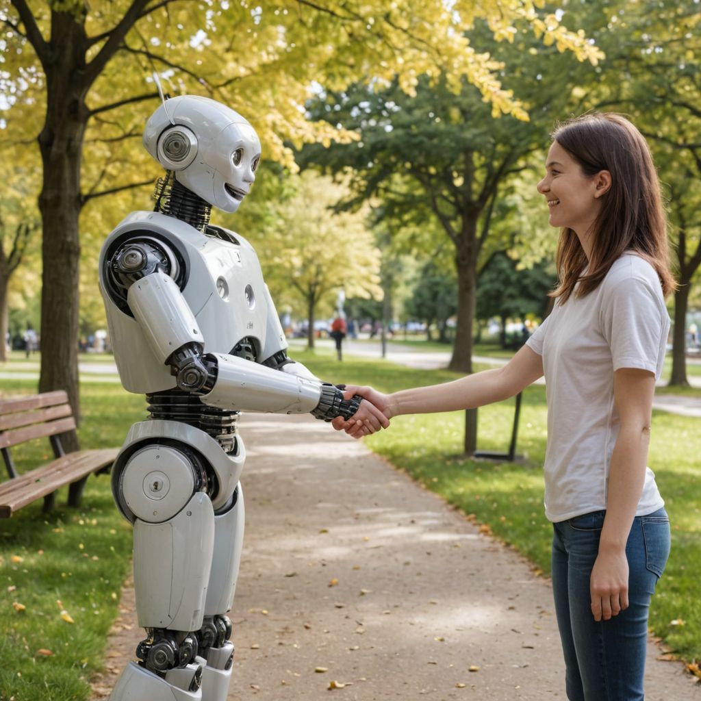 robot and woman shaking hands in the park