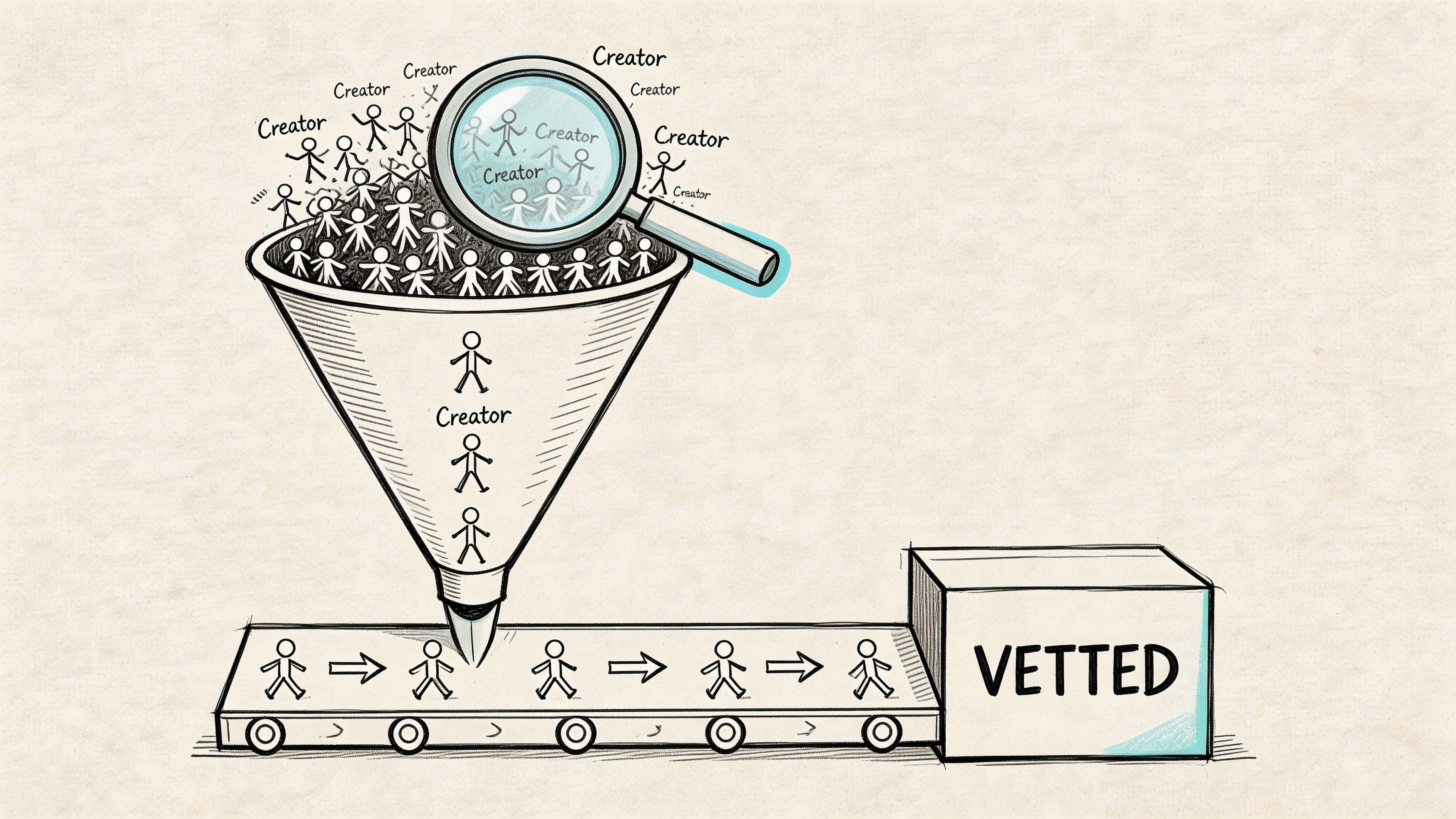 A hand-drawn illustration showing a funnel filtering various creators onto a conveyor belt toward a vetted box.