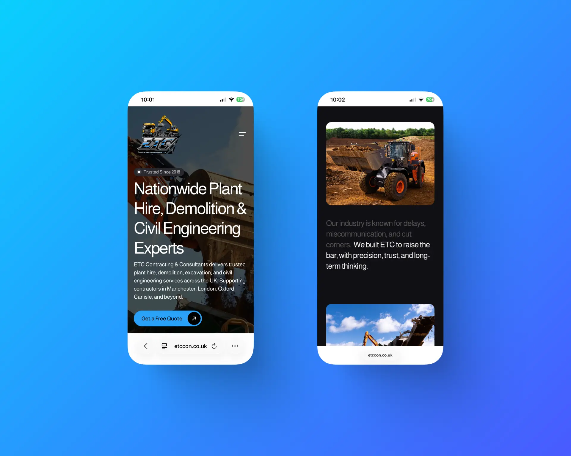 ETC Contracting & Consultants mobile homepage showing nationwide plant hire, demolition, and civil engineering services with call to action.