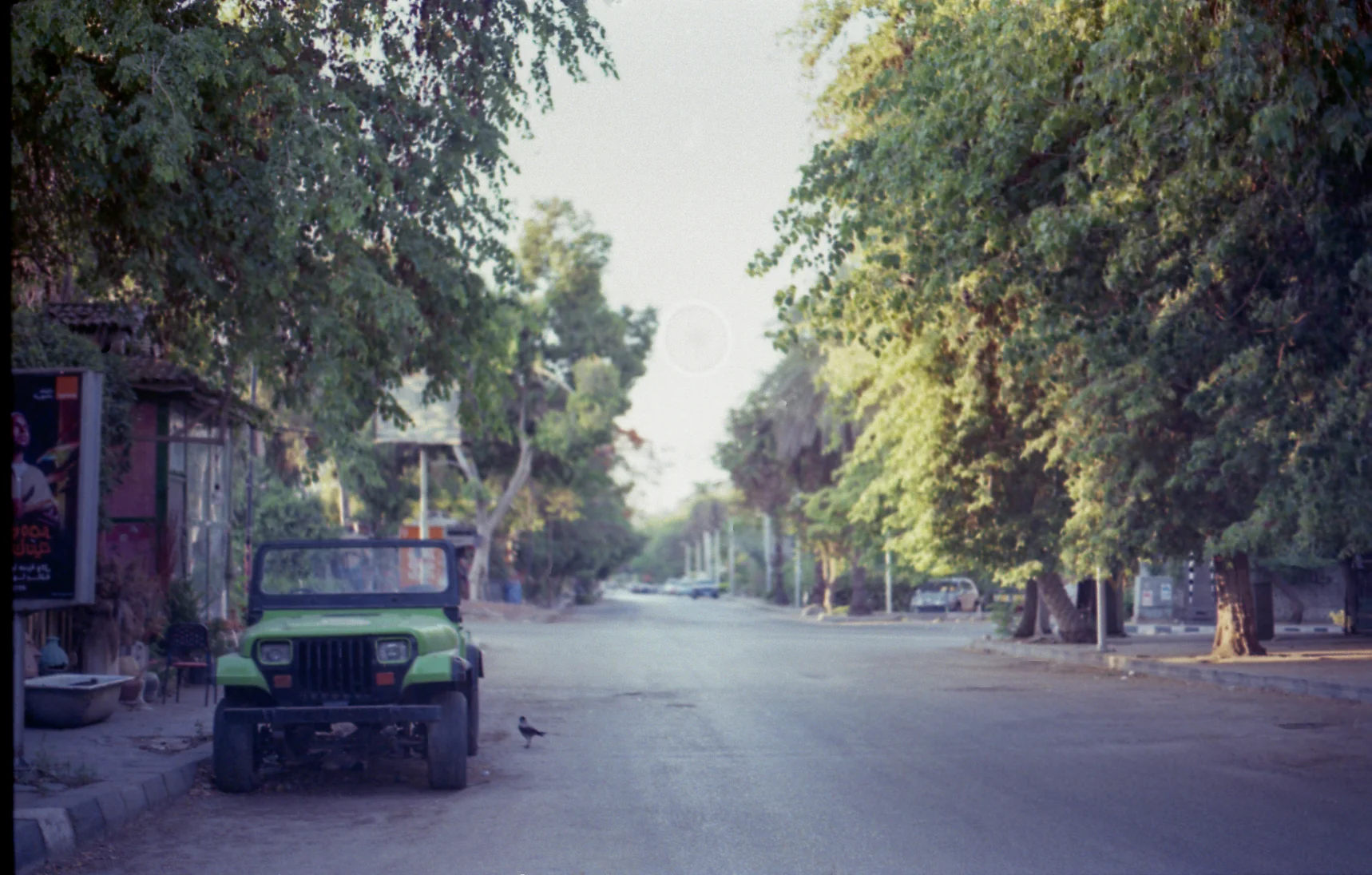 Green Jeep on a Quiet Street