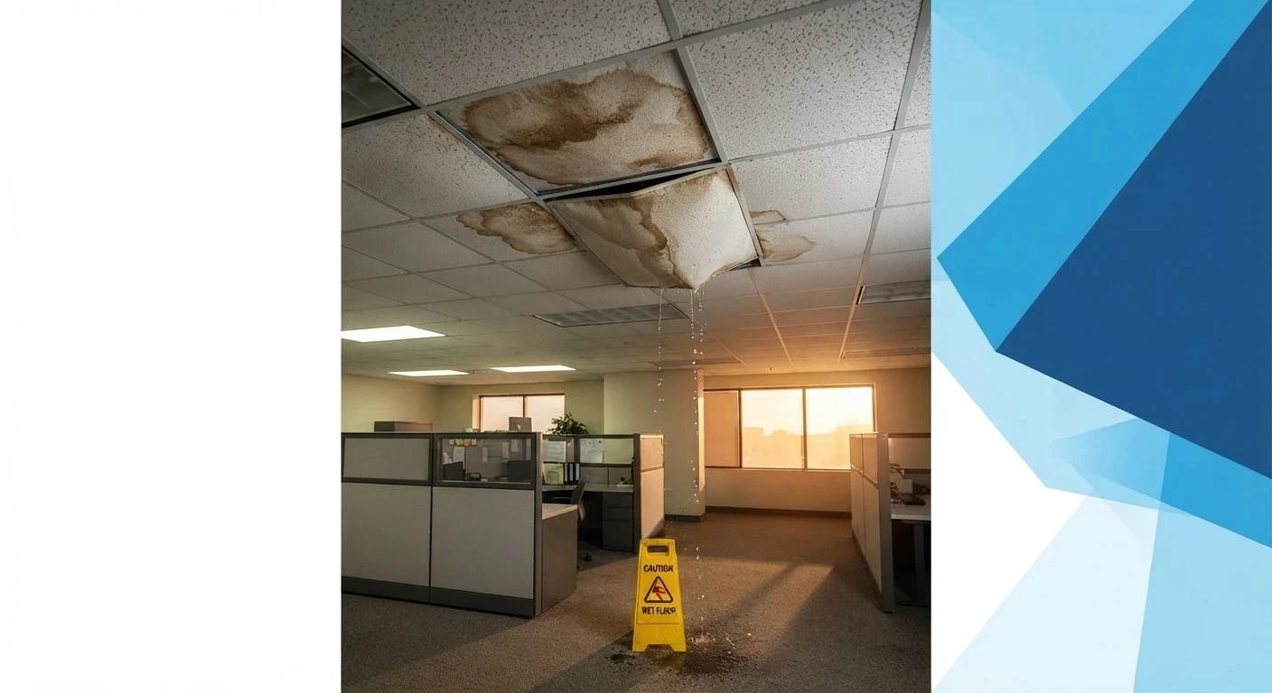 Water-stained ceiling tile and sagging drywall from an untreated roof leak in a South Florida office