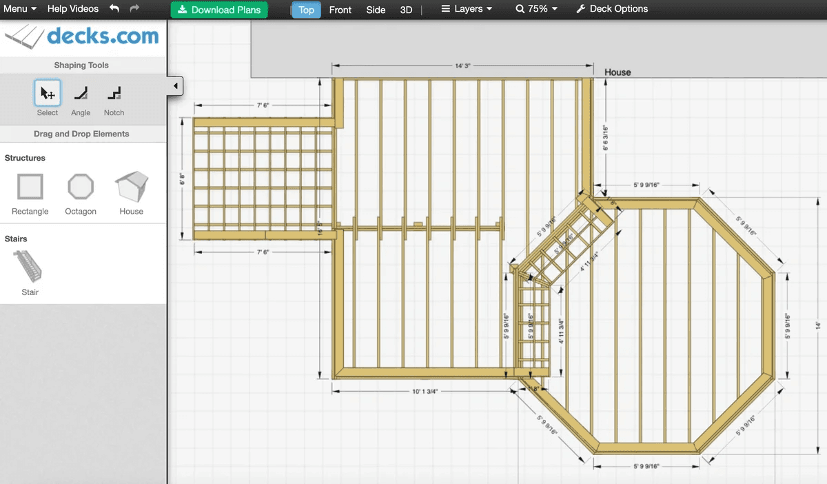 A wooden outdoor deck is shown beside a house, featuring railings and steps leading down to the yard.