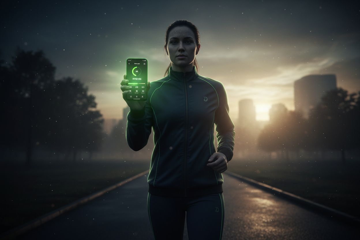 Runner checking a fitness app on a phone during a morning jog