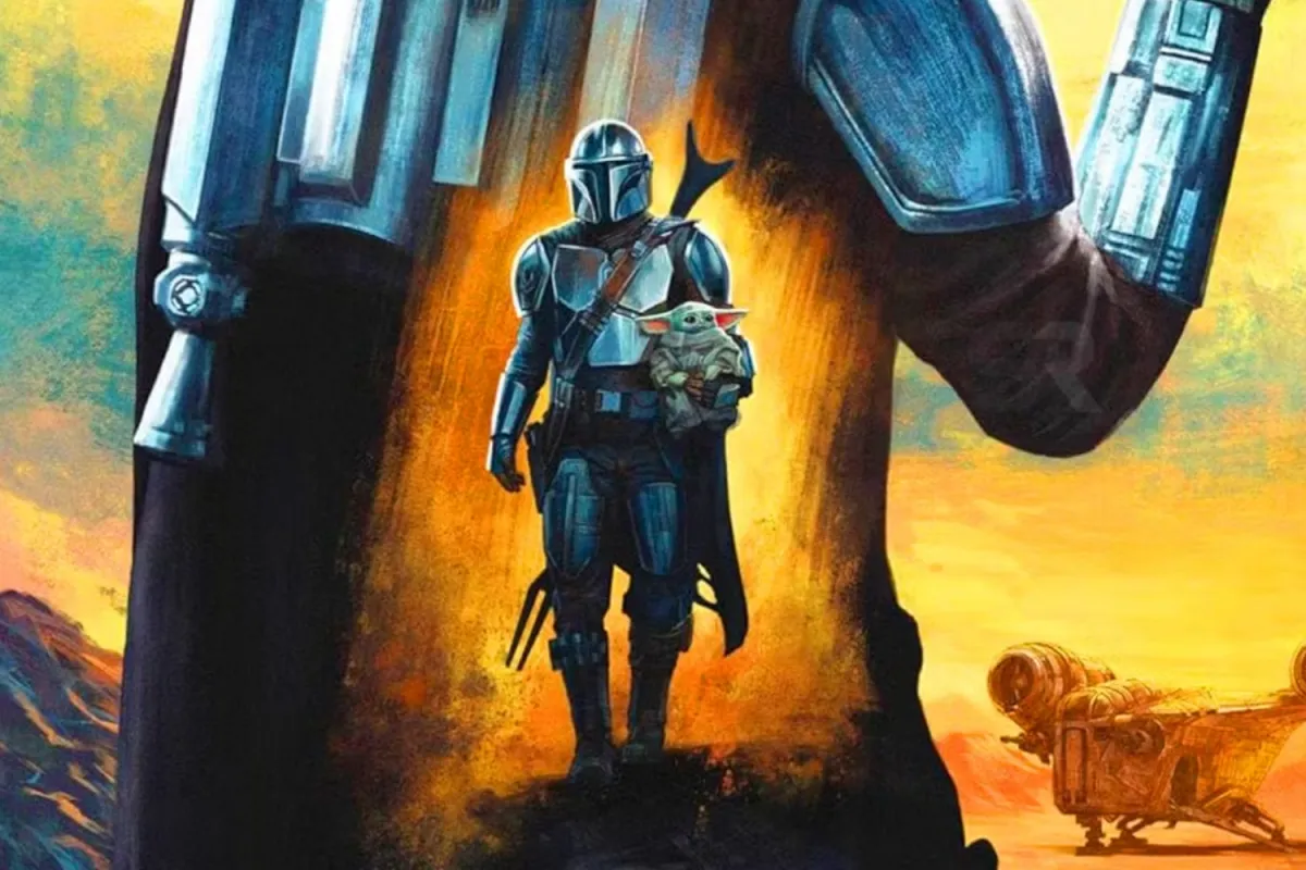 Stylized concept artwork of The Mandalorian and Grogu. Din Djarin walking forward with Grogu in his arms, framed by the silhouette of Din Djarin. The warm hues of the sunset contrast with the cool metallic tones of their armor, symbolizing their journey together across the galaxy.