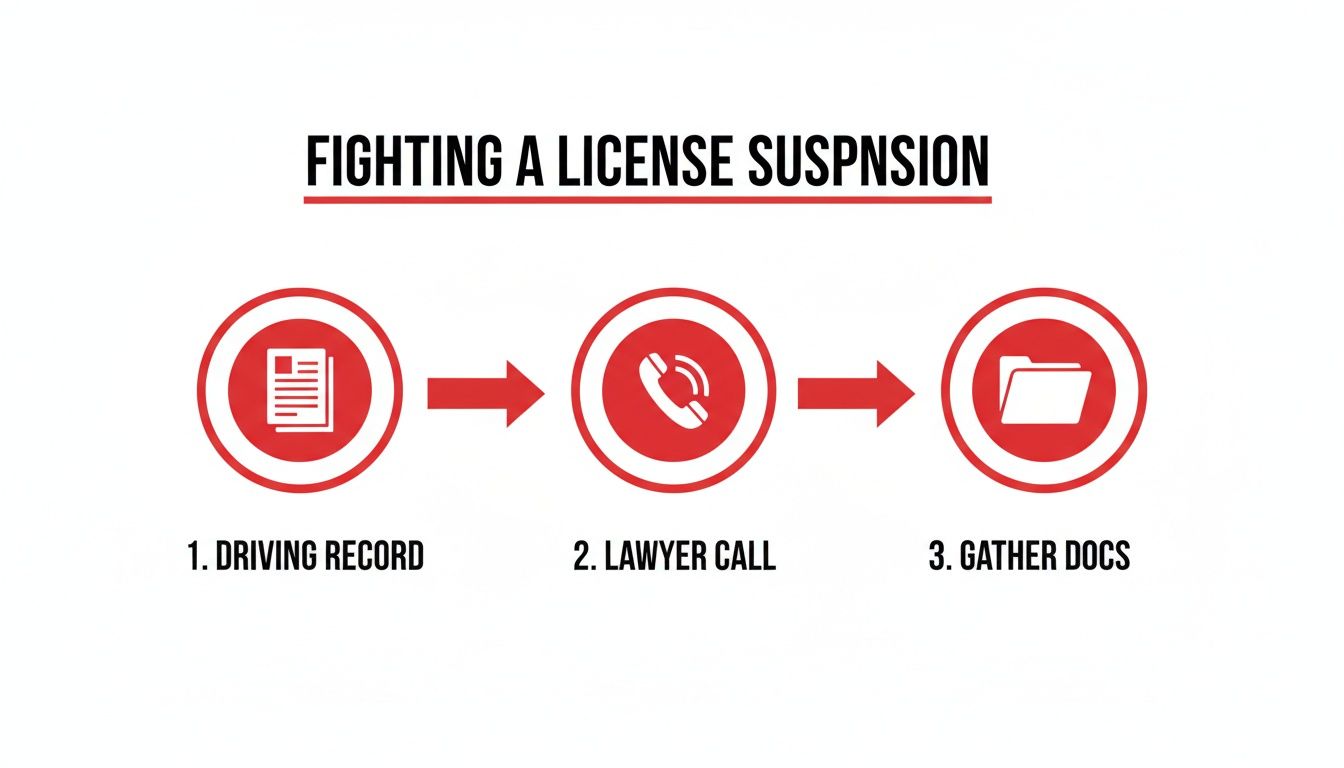 Infographic showing a 3-step process to fight a license suspension: driving record, lawyer call, gather documents.