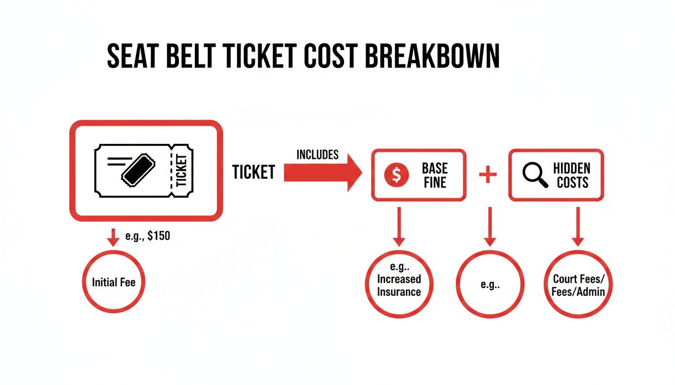Infographic detailing the breakdown of a seat belt ticket cost, including initial fees, base fine, and hidden costs like increased insurance and court fees.