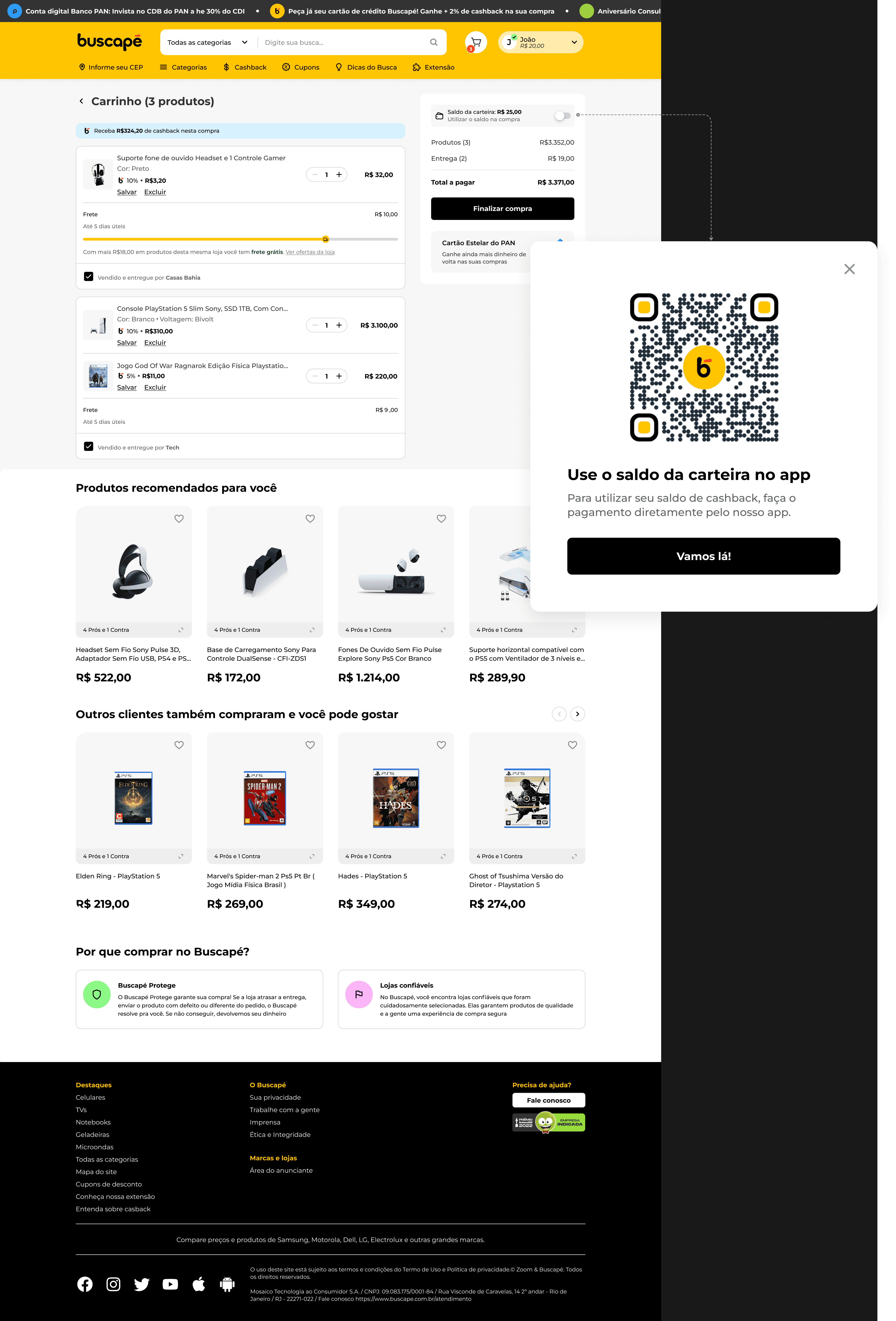 Página desktop do carrinho que apresenta o toogle de uso de saldo de cashback desabilitado. Se o usuário clicar no toggle, é apresentada uma modal com um QR code personalizado do Buscapé, pois a opção só está disponível no app Buscapé. Assim temos um incentivo de instalação do aplicativo. 