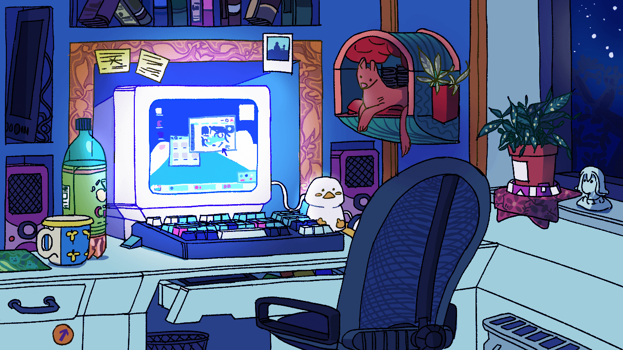 a lo-fi style image with a retro computer setup glowing a vibrant light in a cozy night lit room, with an assortment of room decorations on the table and a cat in a cat-space set on the wall