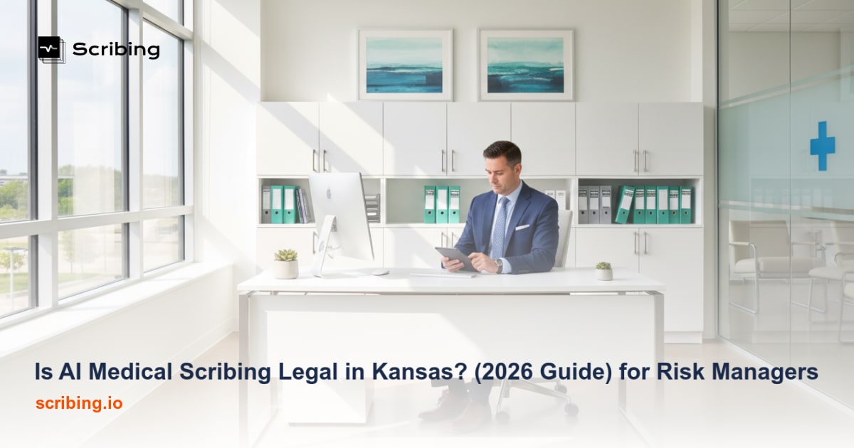 Physician reviewing AI-generated medical scribe documentation in a Kansas healthcare office setting
