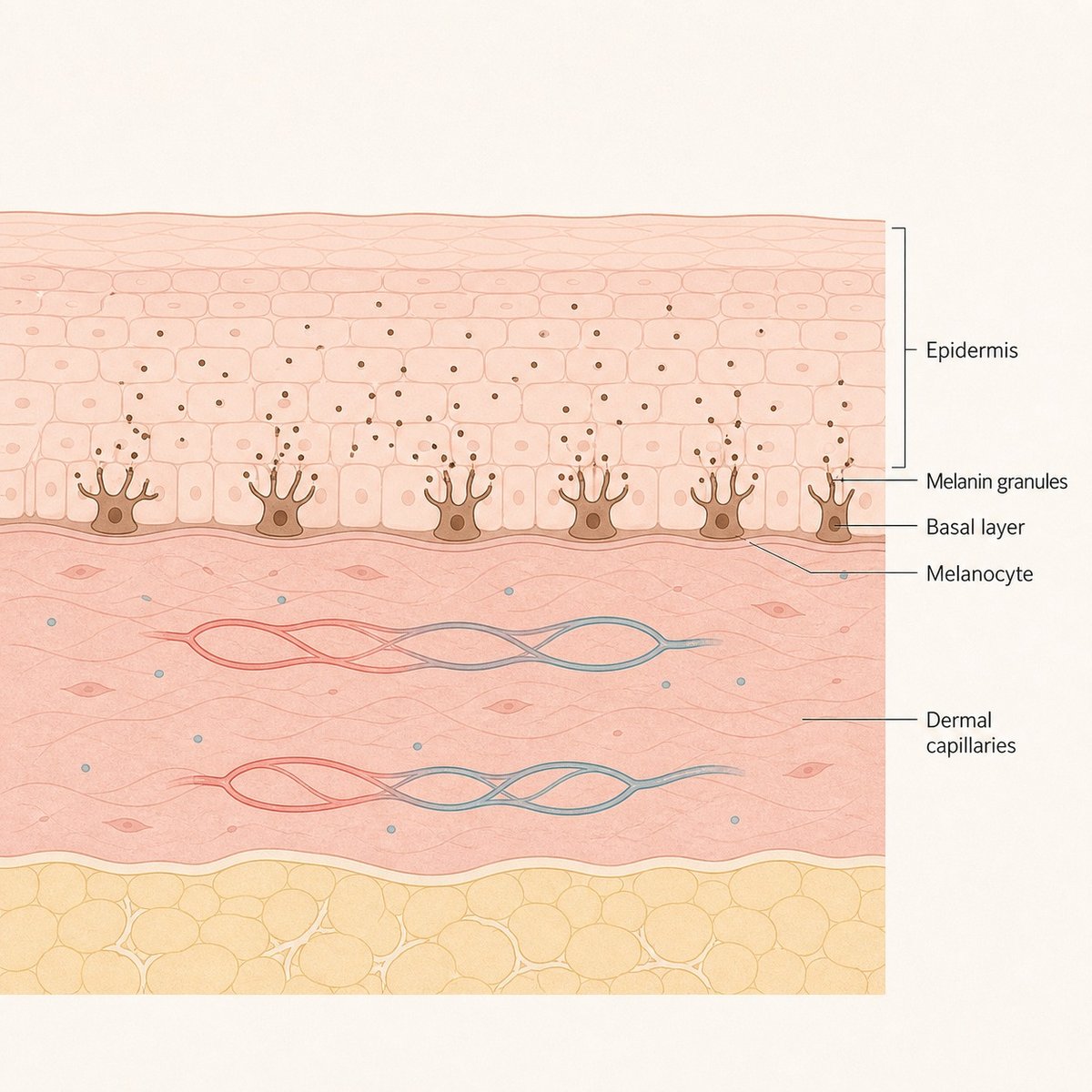 Cross section of facial skin showing melanocytes at the basal layer and small capillaries in the dermis