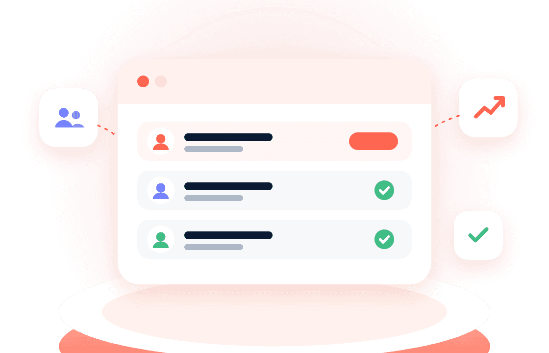 A counsellor dashboard listing students with a highlighted new request, verified checks and growth icons