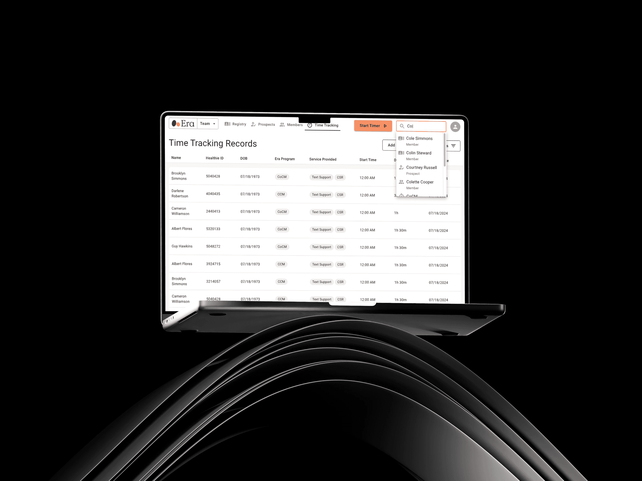 Visualisation of a laptop floating in the air over some graphic elements. It shows a table of medical records of users, with search opened on the top right corner.
