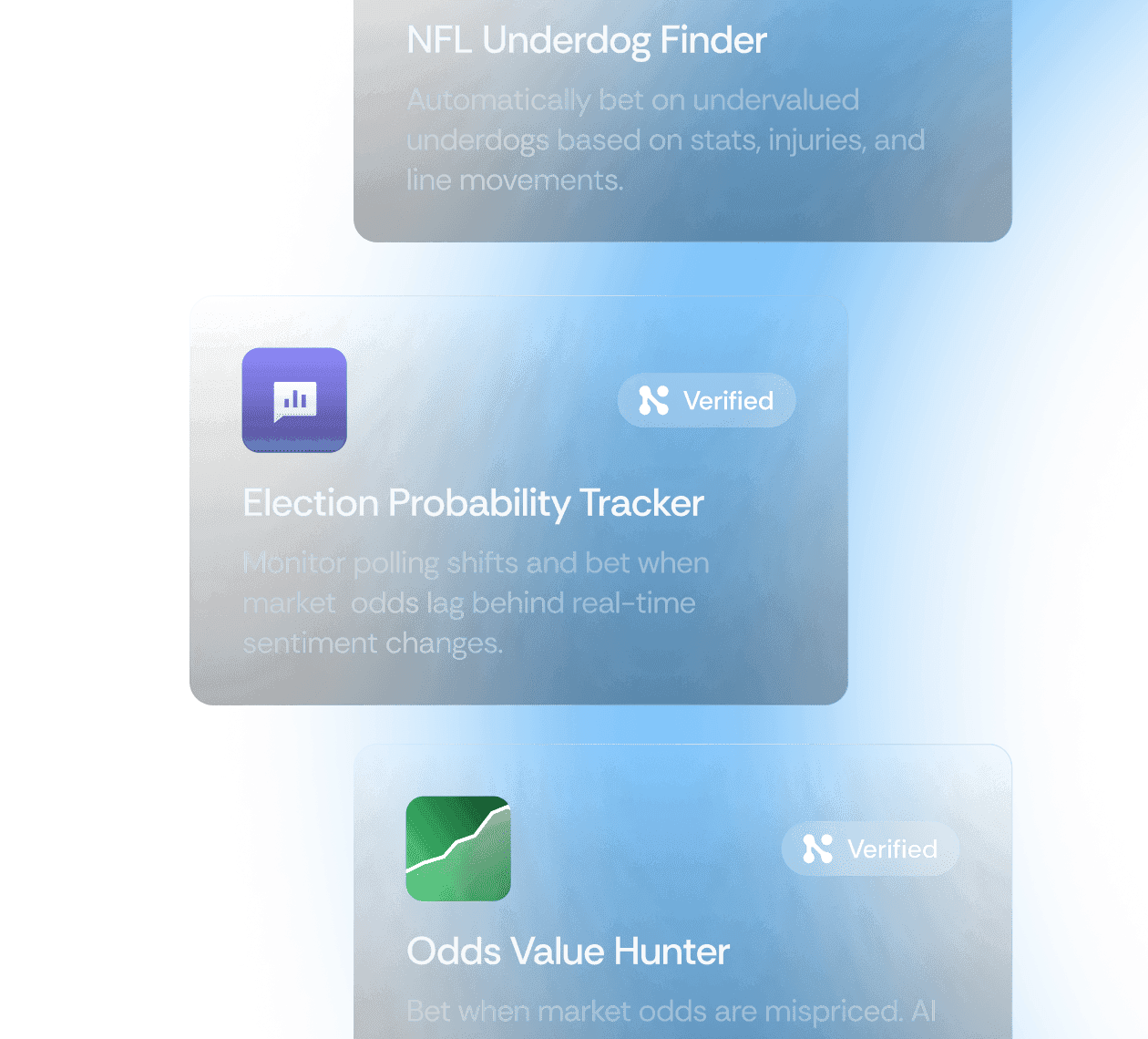 Three prediction market template cards: Odds Value Hunter with target icon, NFL Underdog Finder with football, and Election Probability Tracker with polling chart