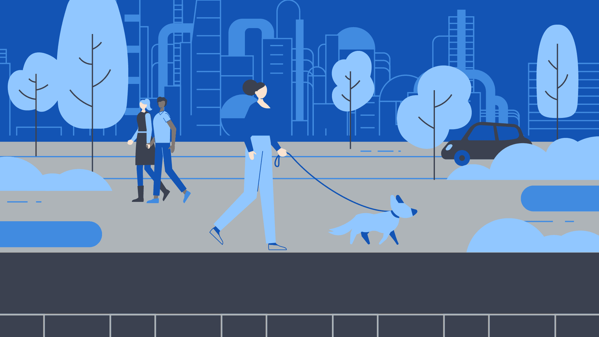 Vector illustration of a city scene with a woman walking her dog and a couple passing by her.