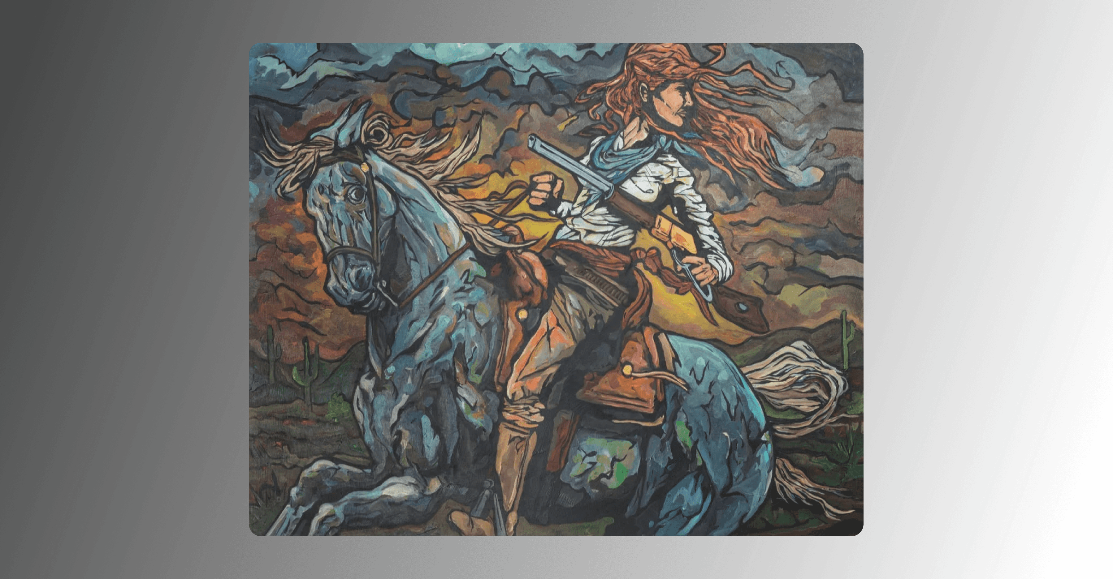The painting "Turning back" where a woman holding a shotgun and riding a grey colored horse is looking back to the right of the painting while the horse races forward to the left. The background is firey and dark.