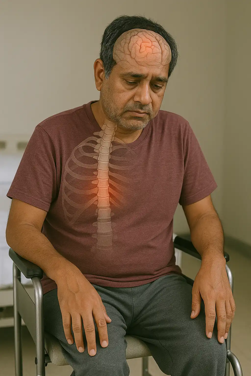 Man with neurological weakness after a brain tumor, showing reduced motor control and spinal discomfort during rehabilitation.