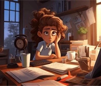 An animated image of a small business owner looking overwhelmed at her desk, surrounded by multiple coffee cups, a notepad, keyboard, and alarm clock, conveying the stress of content creation. The warm lighting suggests evening work, emphasizing the long hours spent on tasks that could be automated. The scene is set against a backdrop of a text overlay reading 'Automate Content, Focus on Business', which suggests a solution to streamline her workload and prioritize business growth.
