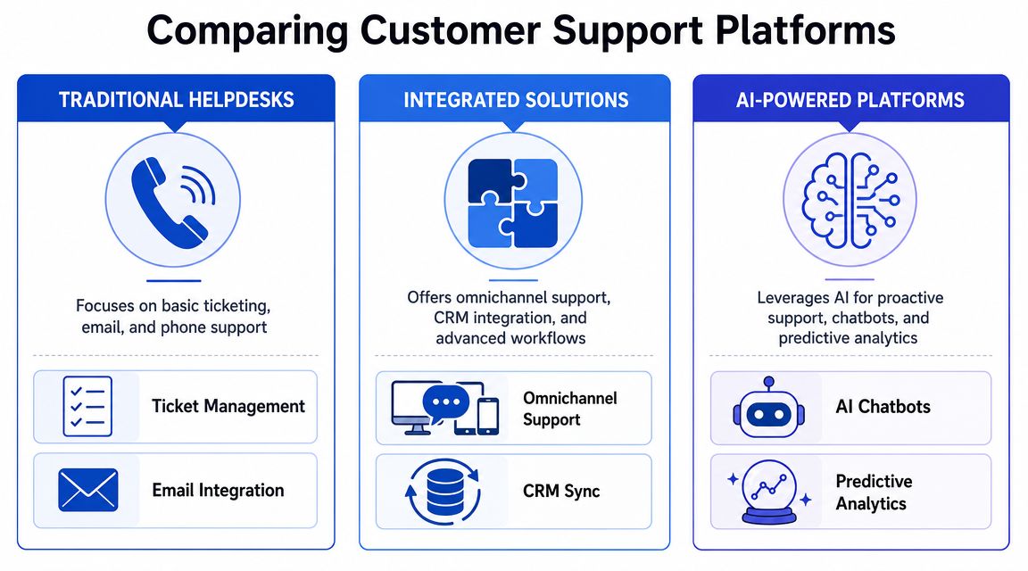 A comparison chart outlining the differences between traditional helpdesks, integrated solutions, and modern AI-powered customer support platforms.