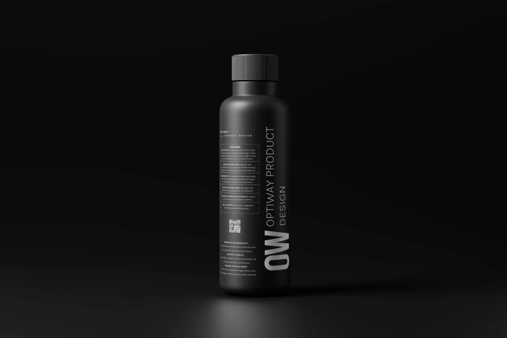 Black cosmetic product bottle against a dark background