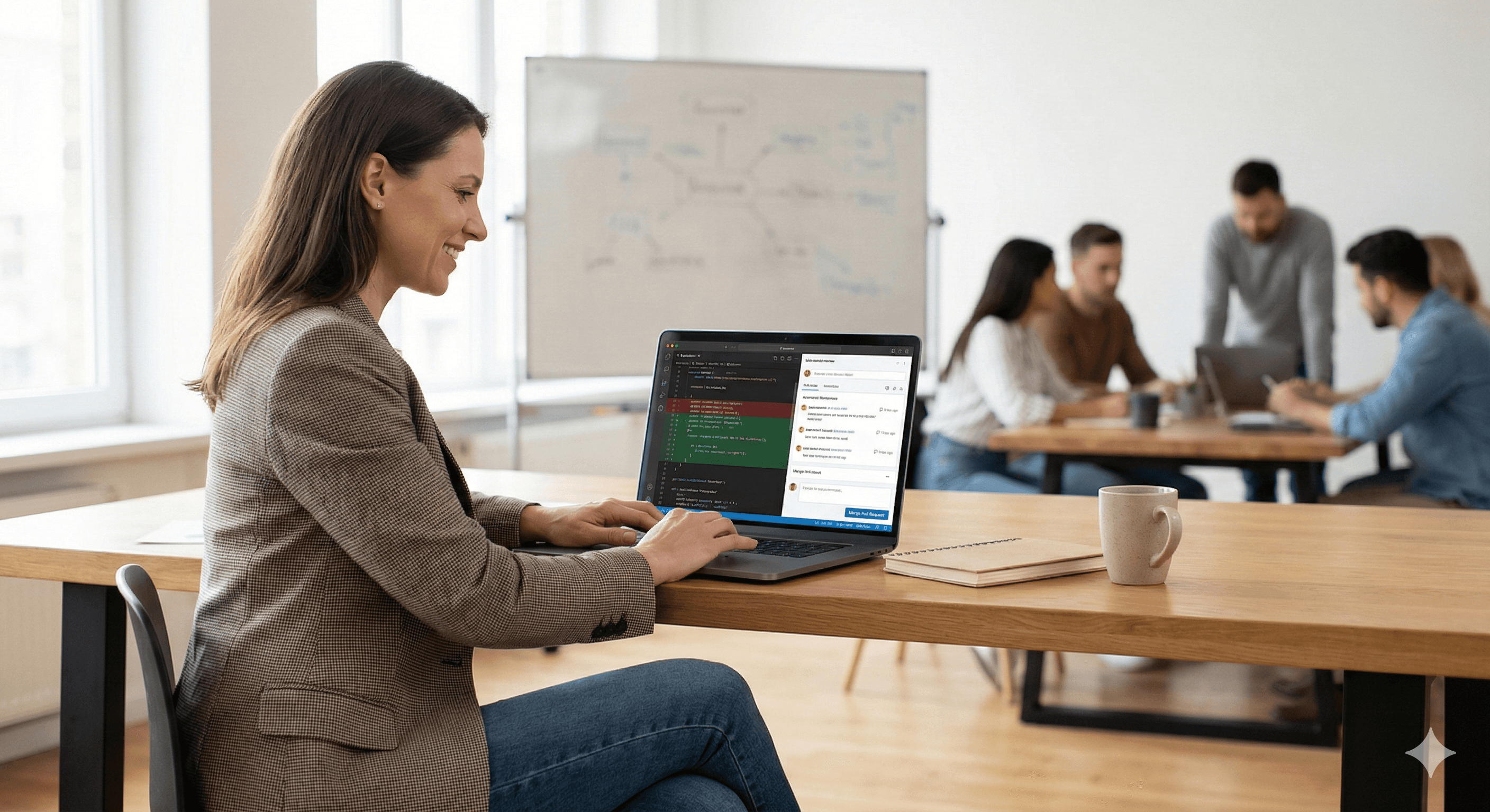 A woman in a gray blazer uses a laptop displaying a code preview interface, seated at a wooden table with a notebook and coffee cup, while four colleagues collaborate in the background.