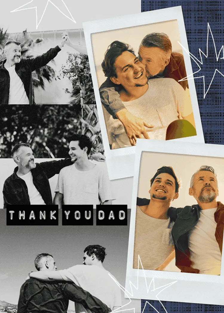 Father's Day card template with 'Thank You Dad' letterboard tiles, black-and-white and color photos, and starburst accents.