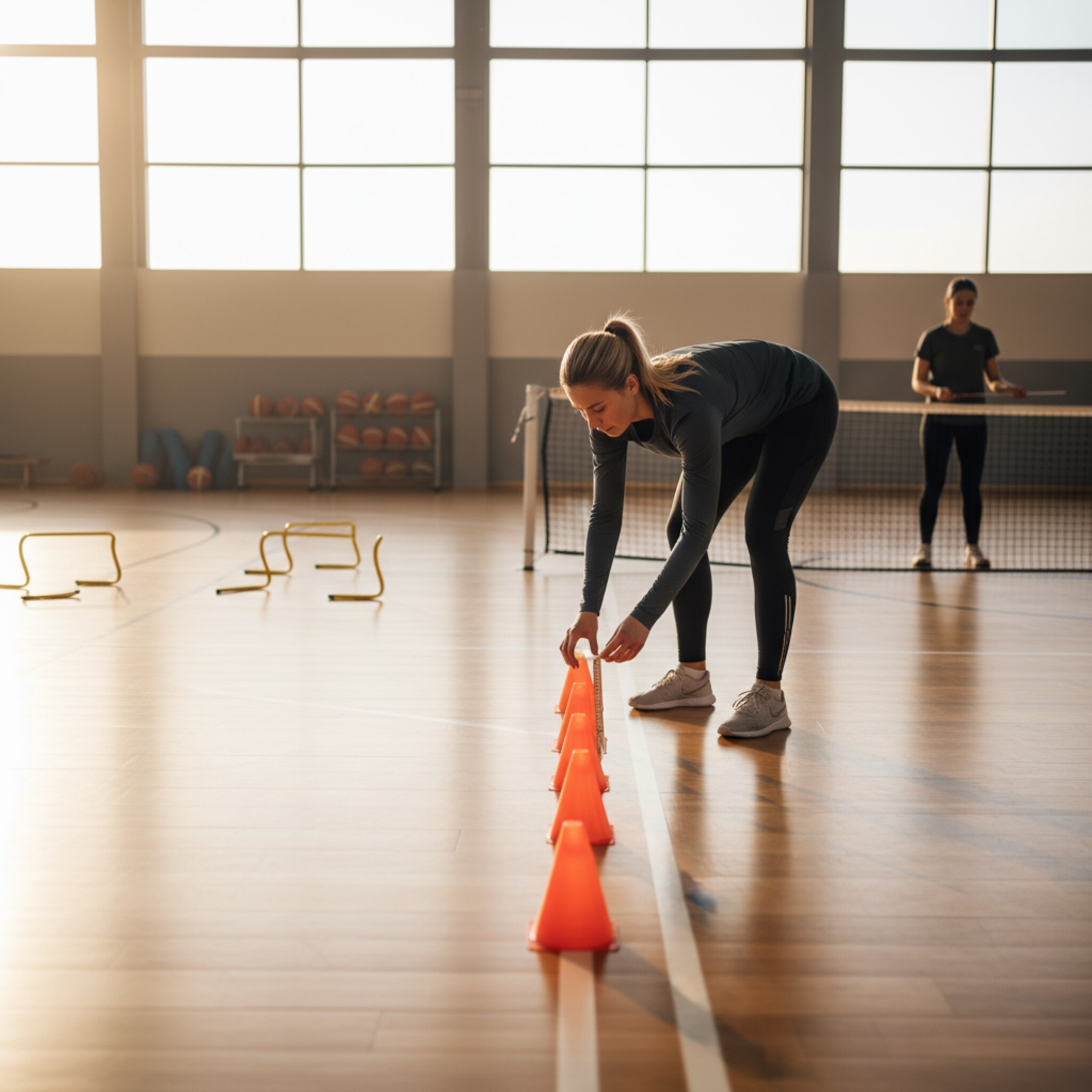 Ein Hallenkoordinator richtet Hütchen an zwei nebeneinander liegenden Courts millimetergenau aus. Morgensonne fällt durch hohe Fenster, die Linien leuchten hell. Auf dem Nachbarcourt werden Netzhöhen geprüft. Die Szene vermittelt Ruhe, Kontrolle und perfekte Vorbereitung.