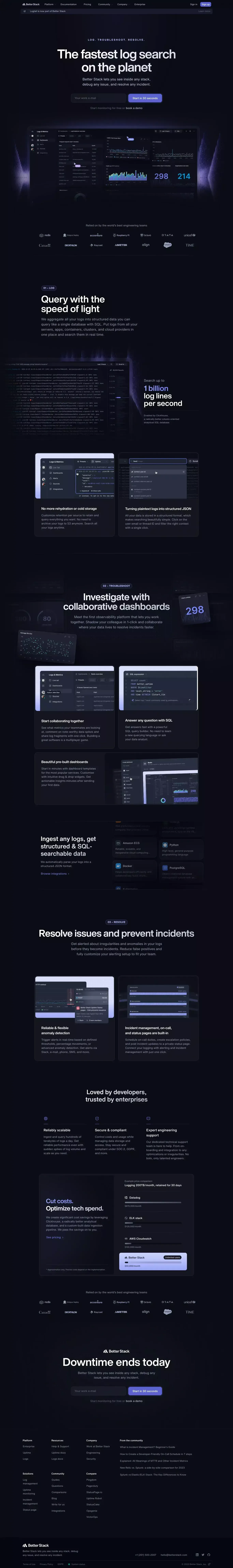 Logs (formerly Logtail) landing page screenshot showcasing Tech design