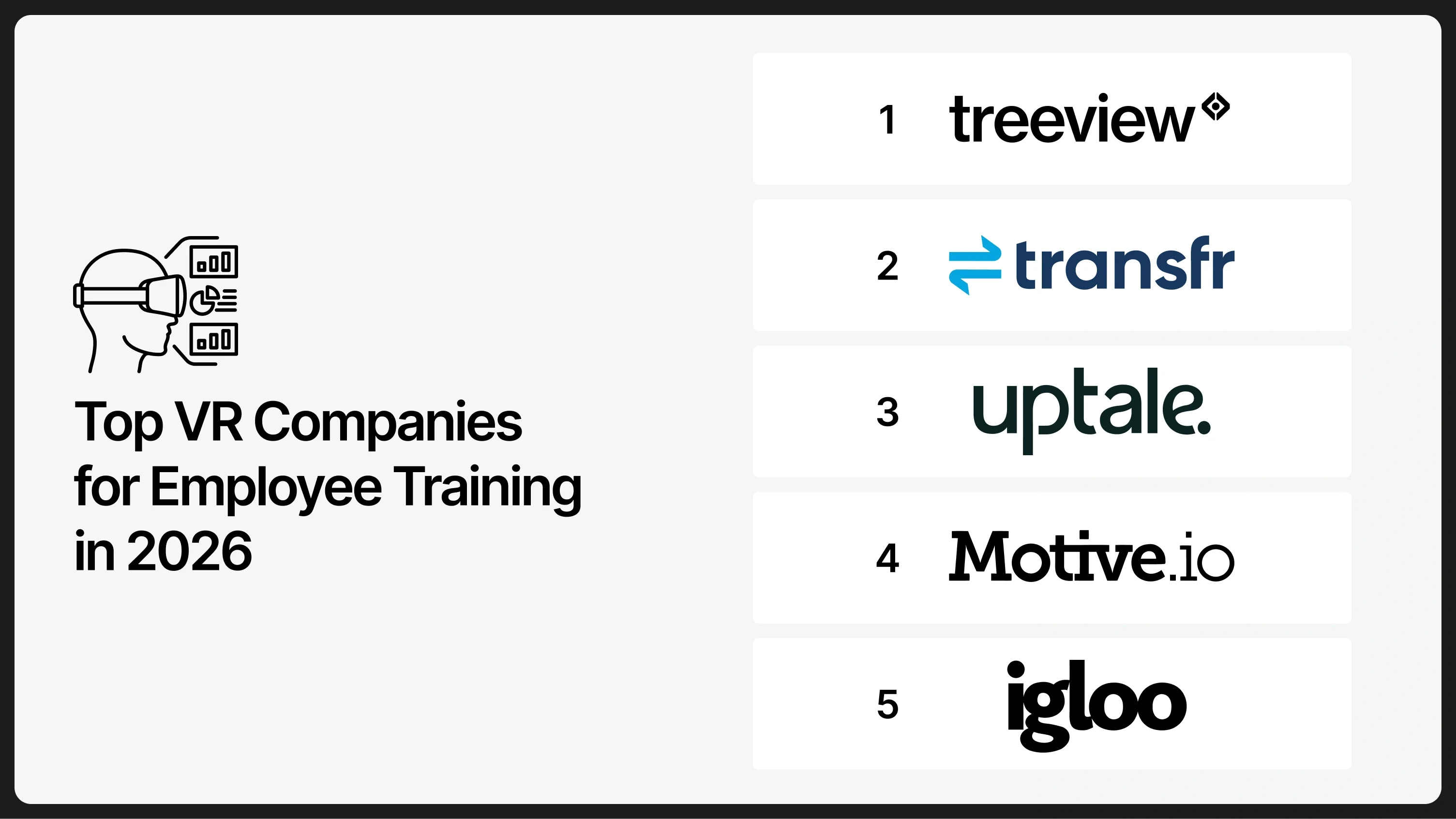 Ranked list graphic of the top VR companies for employee training in 2026: Treeview, Transfr, Uptale, Motive.io, and Igloo Vision