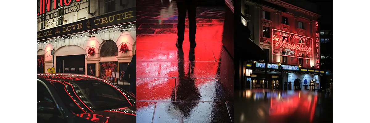 Photographs of red light reflecting off of a car, red light reflecting of a street, St Martin's Theatre neon signs