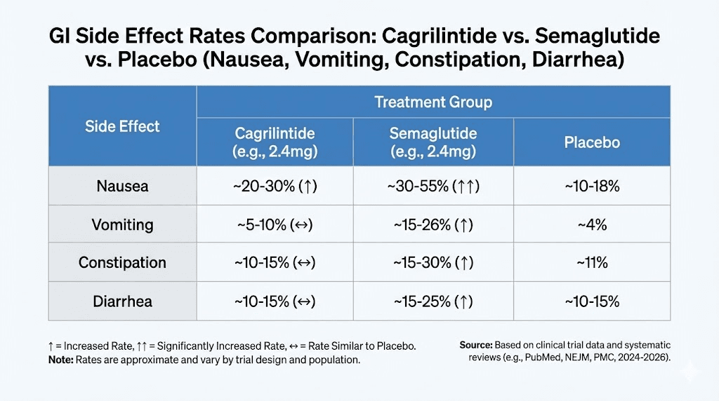 Cagrilintide vs semaglutide GI side effects comparison chart