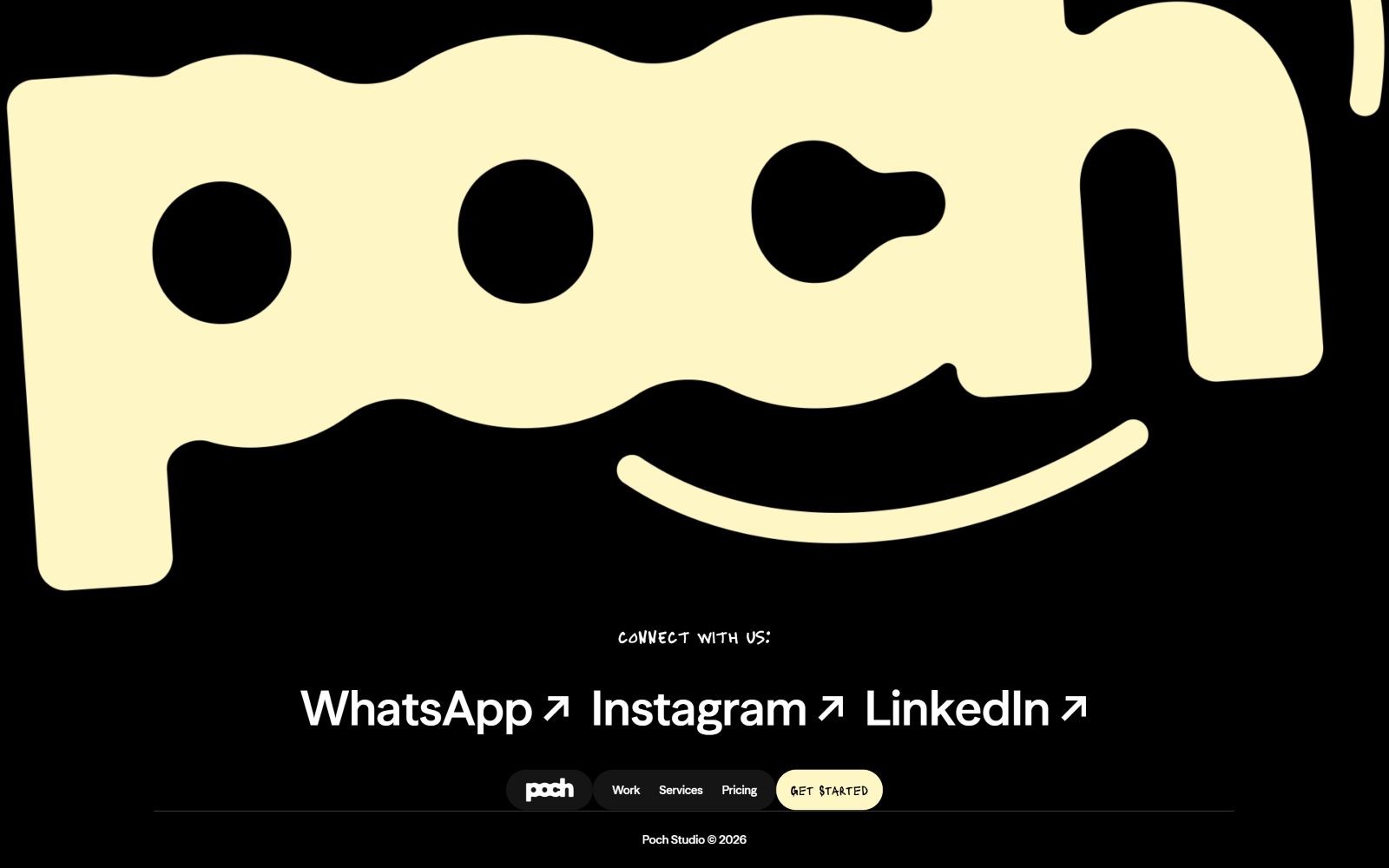 Wavy cream logo on black background; links: WhatsApp, Instagram, LinkedIn. Text: "Connect with us." "poch," Services, Pricing, "GET STARTED.