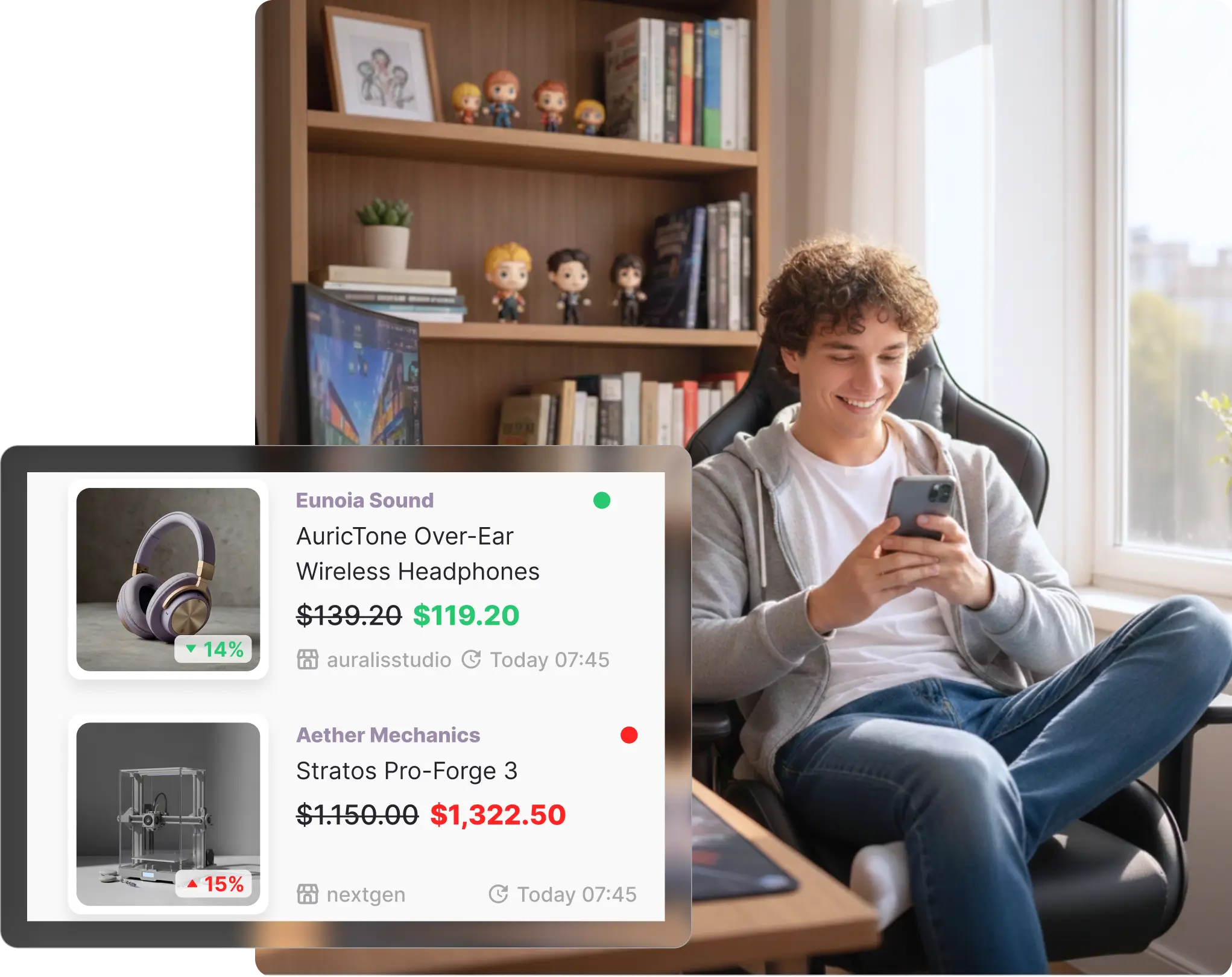 Teenage boy sitting in a gaming chair smiling at his phone, with collectible figurines and books on shelves behind him, viewing his JB Hi-Fi watchlist on Whisprice showing headphones and a TV.
