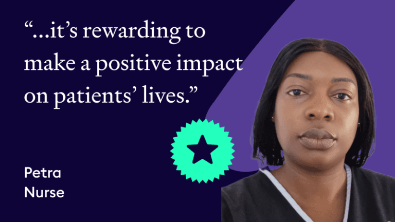 Testimonial graphic featuring Petra, a nurse, about making a positive impact on patients’ lives.