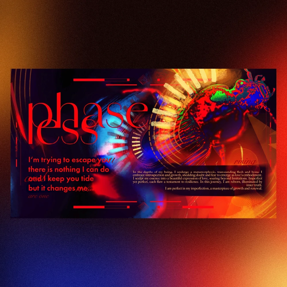 Digital artwork featuring an abstract, colorful entity in the center, surrounded by geometric shapes and lines. The large, red title "phaseless" dominates the image, along with English text and the word "rising" in the bottom right corner.