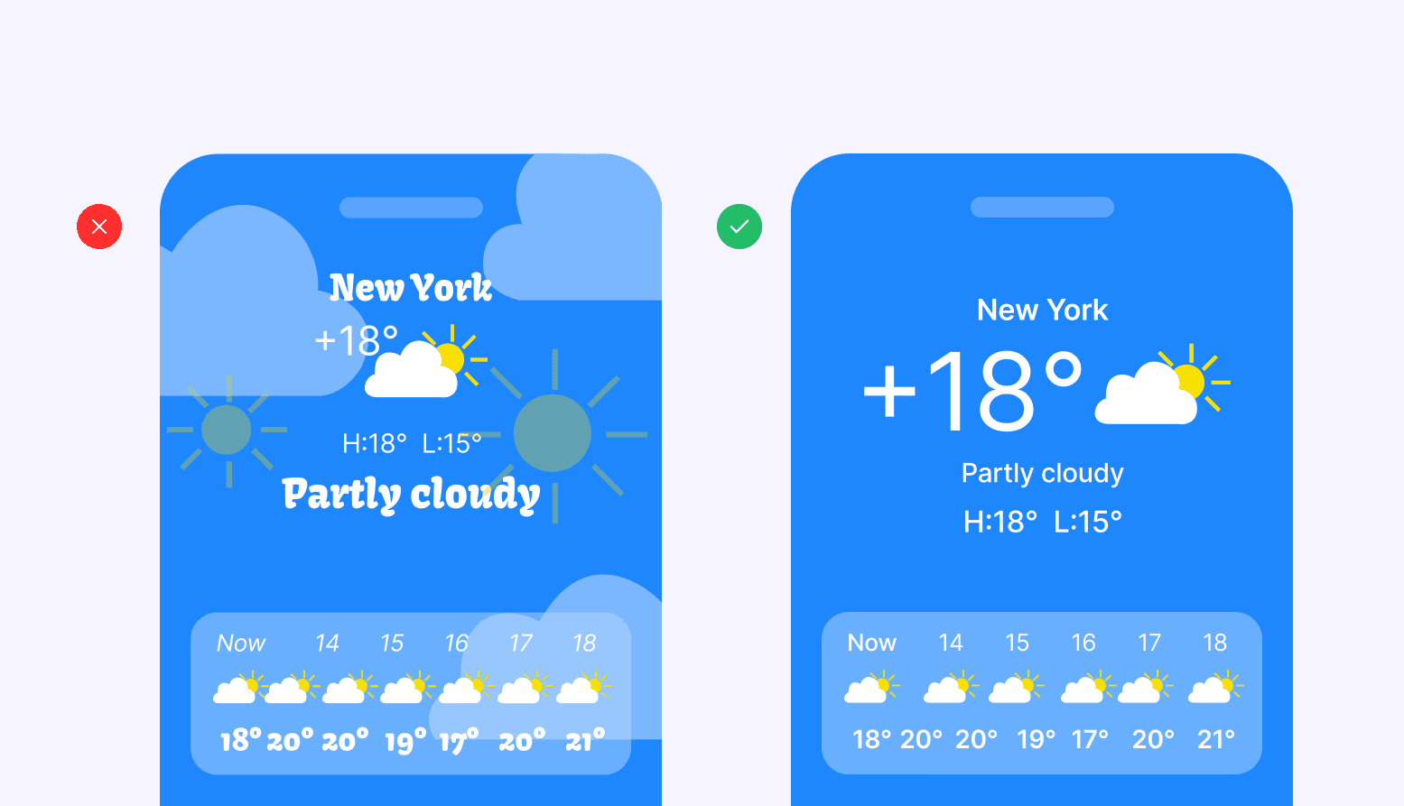 Aplicación del clima: diseño recargado y decorativo vs. jerarquía simplificada con temperatura y pronóstico claros