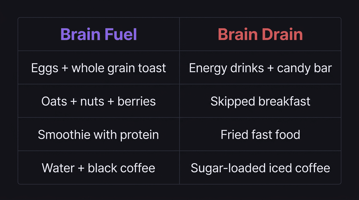 Comparison table showing pre-session meal impacts on trading focus