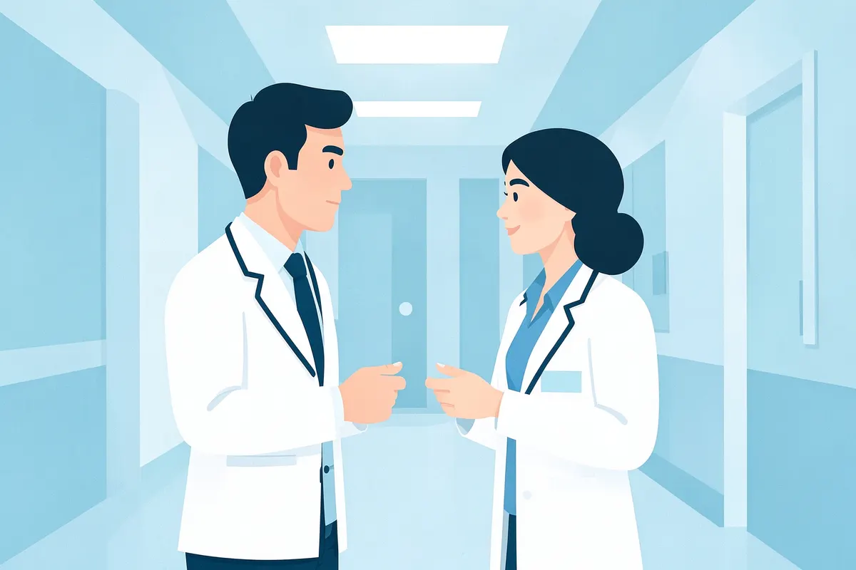 Two doctors in conversation in a hospital hallway, discussing physician referrals.