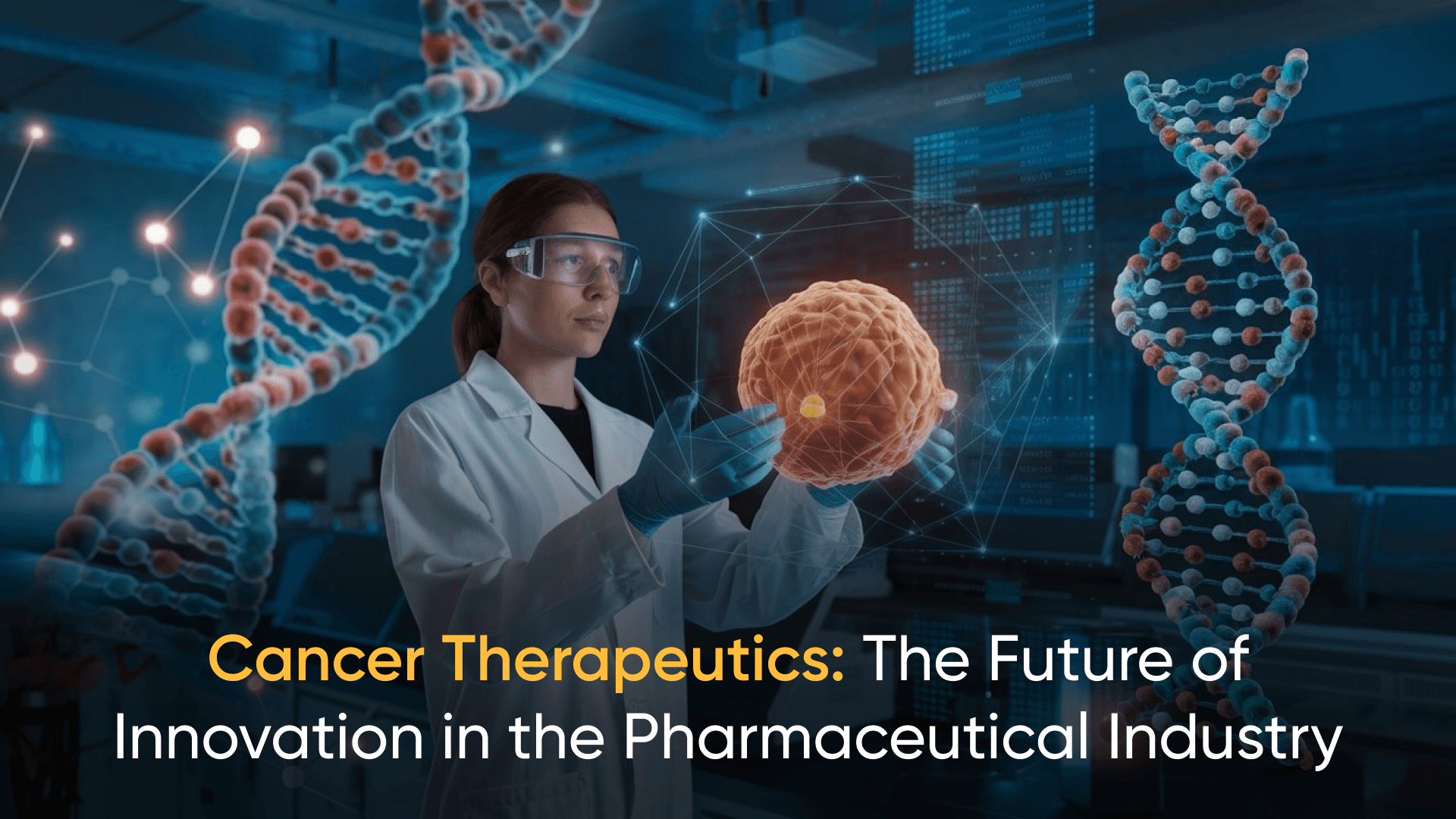 Female scientist analyzing cancer cell structure in a pharmaceutical lab