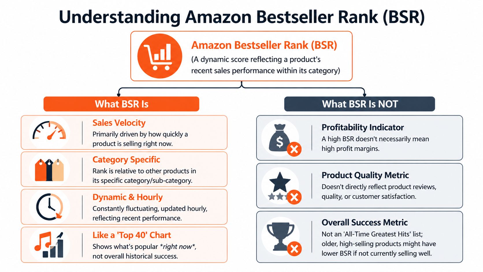 An infographic explaining that Amazon Bestseller Rank measures current sales velocity, not product quality or profitability.