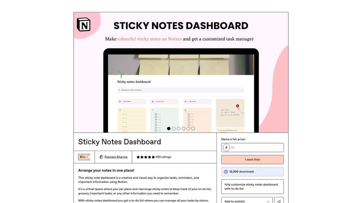 12 Notion Free Templates to Supercharge Your Workflow in 2025 - Sticky Notes Dashboard by Poonam Sharma