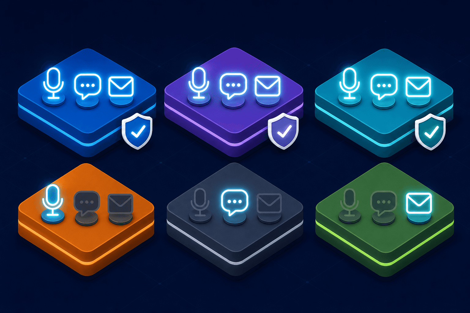 A clean isometric illustration showing six distinct platform blocks arranged in a comparison grid, each block representing a different software product with unique color coding — some blocks have icons for voice (microphone), chat (speech bubble), and email (envelope) all glowing to indicate full coverage, while others have only one or two icons dimly lit, symbolizing limited channel support — compliance shield badges appear on some blocks and not others, no text or labels anywhere, dark navy background with crisp white and cyan accents, modern flat design style