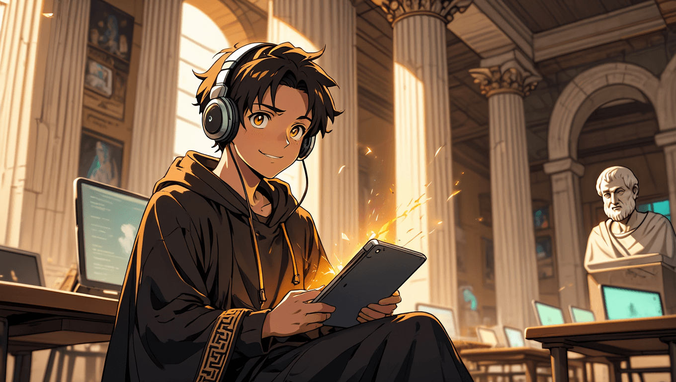 Student happily studying on a tablet using an AI app