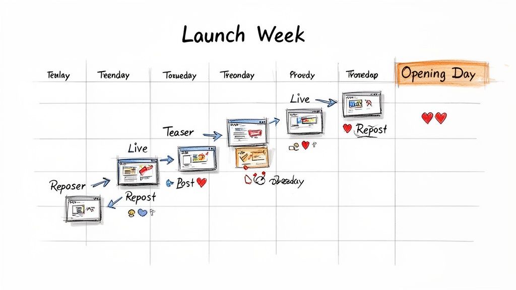 A calendar grid illustrating a social media launch week strategy for a new opening, showing different content types and engagement.